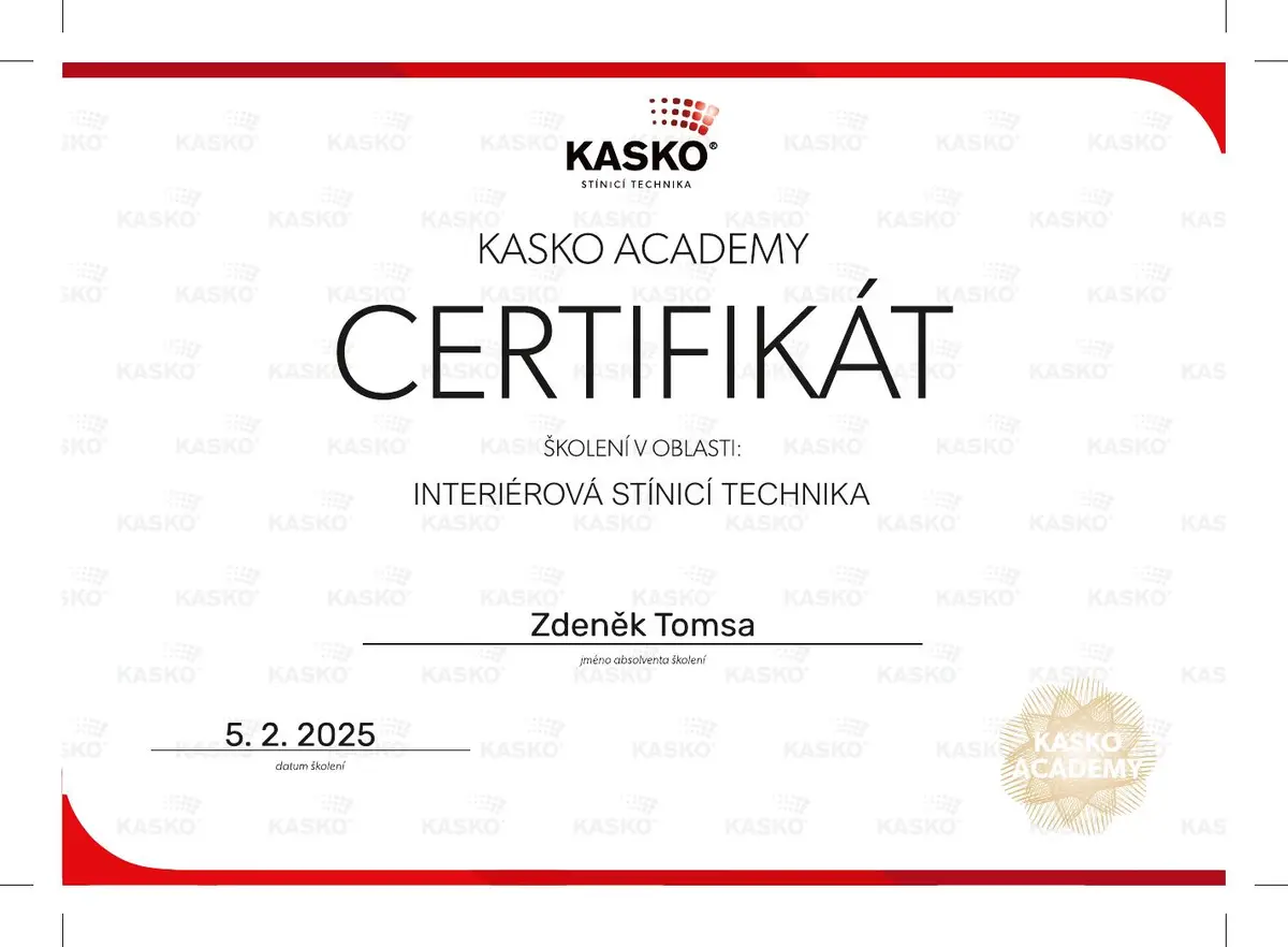Certifikát KASKO Academy – interiérová stínicí technika, Zdeněk Tomsa