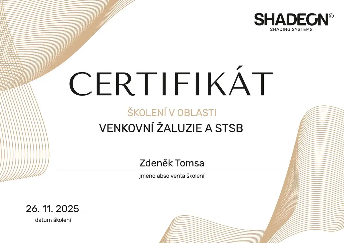 Certifikát SHADEON – venkovní žaluzie a STSB, Zdeněk Tomsa